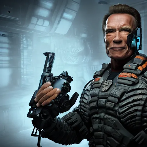 Image similar to hyperrealistic dslr film still of arnold schwarzenegger in dead space, stunning 8 k octane comprehensive 3 d render, inspired by istvan sandorfi & greg rutkowski & unreal engine, perfect symmetry, dim volumetric cinematic lighting, extremely hyper - detailed, incredibly real lifelike attributes & texture, intricate, masterpiece, artstation, 8 k 8 5 mm f 1. 4