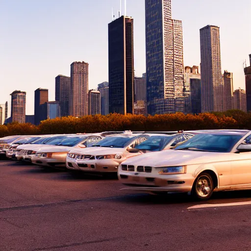 Prompt: lake shore drive in chicago filled with cars with sky scrapers in the background, golden hour