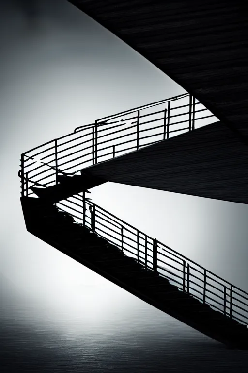 Prompt: long straight steep metal staircase extending to a platform in the sky, high sharpness, concept art, dreamlike, highly detailed, moody lighting