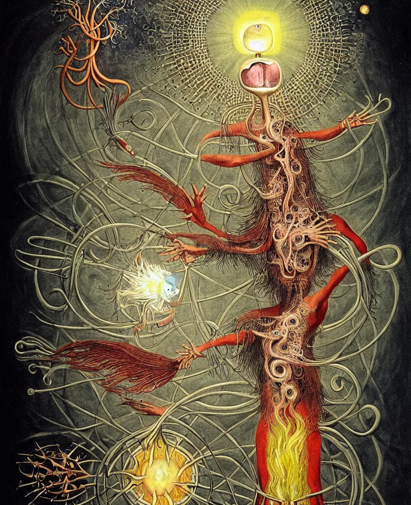 Image similar to whimsical freaky creature sings a unique canto about'as above so below'being ignited by the spirit of haeckel and robert fludd, breakthrough is iminent, glory be to the magic within, painted by ronny khalil