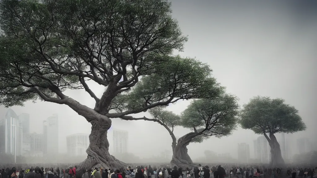 Image similar to the great elven tree growing in the middle of tiananmen square, beijing. andreas achenbach, artgerm, mikko lagerstedt, zack snyder, tokujin yoshioka