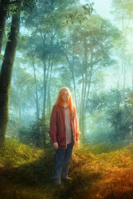 Image similar to pretty young man with long golden hair, trees, detailed forest background, webtoon, breathtaking scenery, colourful, 8 k, graphic novel, digital art trending on artstation, volumetric lighting, octane render, cinematic, hyper detailed, magical atmosphere