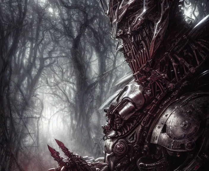 Image similar to 5 5 mm close up portrait photo of an armored biomechanical demonic superman looking at the camera, in a magical forest. dark atmosphere. art by greg rutkowski and luis royo. highly detailed 8 k. intricate. lifelike. soft light. nikon d 8 5 0.