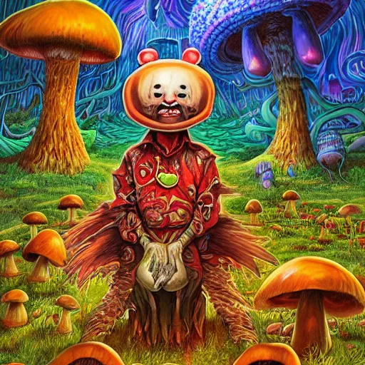 Image similar to 4 k headshot portrait of a psychedelic demonic anthropomorphic badger with mushroom themed clothes, magic mushroom village in background by jeff easley, award winning, stylized neon, post - processing, masterpiece, superb resolution. in the art style of junji ito and greg rutkowski. detailed mushroom city in background. hyper realistic anime. perfect art. dalle 2