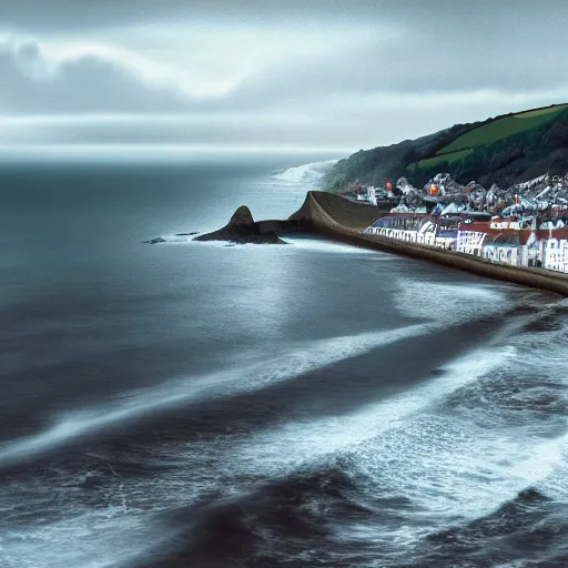 Prompt: the town of aberystwyth with stormy sea, ultrarealism, photorealism, 8 k, wide angle