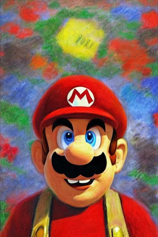 Prompt: Portrait of Super Mario, illustrated by Claude Monet, very detailed