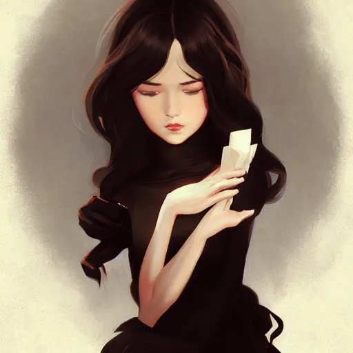 Prompt: , a beautiful woman with dark brown hair wearing a black dress, fantasy, by lois van baarle, Ilya Kuvshinov, Stanley Artgerm Lau, WLOP, Rossdraws, trending on artstation,