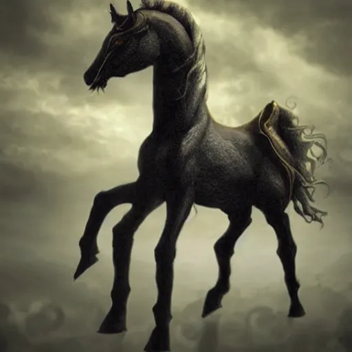 Prompt: horrifying horse, eldritch, apocalypse, creepy creature, nightmare like dream horror spooky