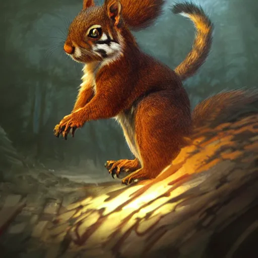 Image similar to Squirrel/tiger, ferocious, angry, magic the gathering artwork, D&D, fantasy, cinematic lighting, centered, symmetrical, highly detailed, digital painting, artstation, concept art, smooth, sharp focus, illustration, volumetric lighting, epic Composition, 8k, art by Akihiko Yoshida and Greg Rutkowski and Craig Mullins, oil painting, cgsociety