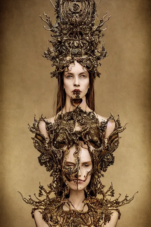 Image similar to a portrait of female by stefan geselle and nekro borja, photorealistic, intricate details, hyper realistic, fantasy, elegant, ornate metal gold headpiece, photorealistic, canon r 3, photography, wide shot, symmetrical features, wide angle shot, low angle shot, standing pose, feet on the ground, wearable art