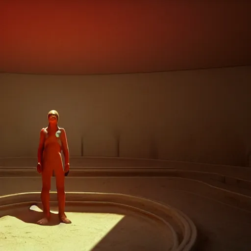 Image similar to colour aesthetic highly detailed photography scene, characters with hyperrealistic highly detailed faces. from dune ( 2 0 2 1 ) by alejandro hodorovski and denis villeneuve and gregory crewdson style with many details by andrei tarkovsky and caravaggio in sci - fi style. volumetric natural light hyperrealism photo on red dsmc 3 system rendered in vray