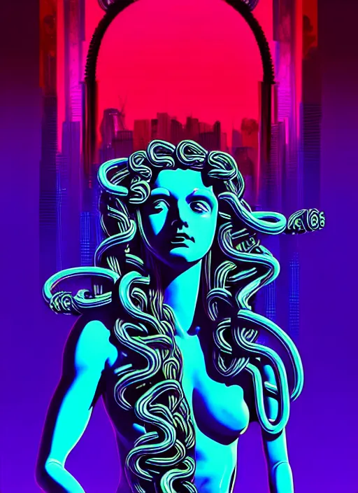 Image similar to statue of medusa, beeple, android jones, liam wong, ( ( ( ( ( dan mumford ) ) ) ) ), vaporwave, retrowave, black background, neon wiring, black, glitch, strong contrast, cuts, pinterest, trending on artstation