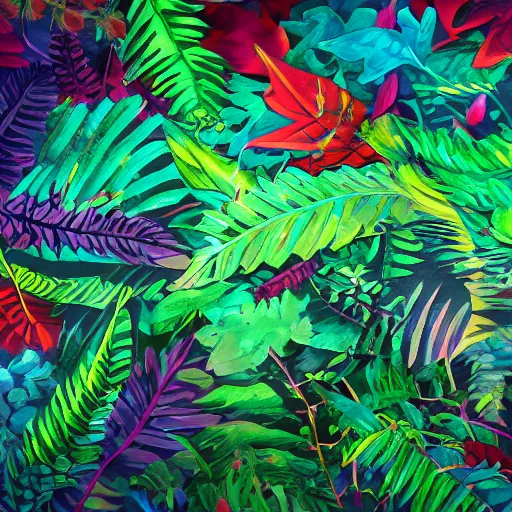 Prompt: a rainforest, lushious leaves, beautiful colors, illustration, colored pencil, concept art, digital art, cinematic, cool color palette, 8 k, hd