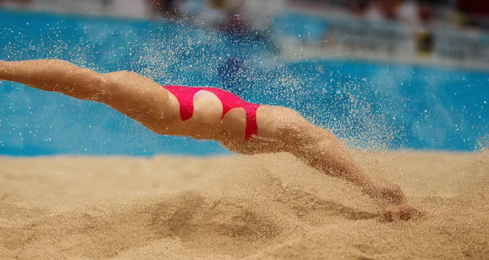 Image similar to olympic swimming in sand instead of water, extremely coherent, motion blur