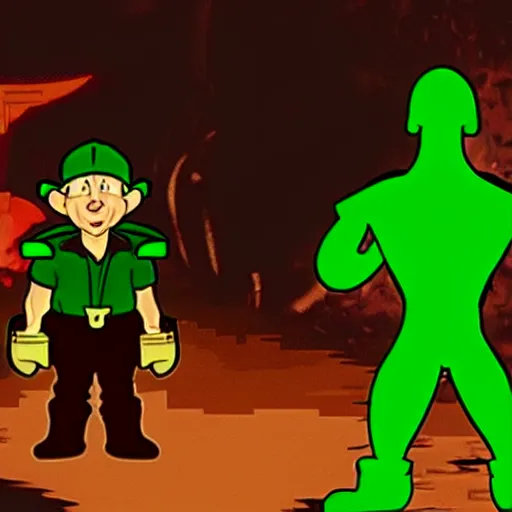 Image similar to Elmer Fudd from Loony Tunes in Doom, wearing green armor and helmet, killing demons, rip and tear, video game