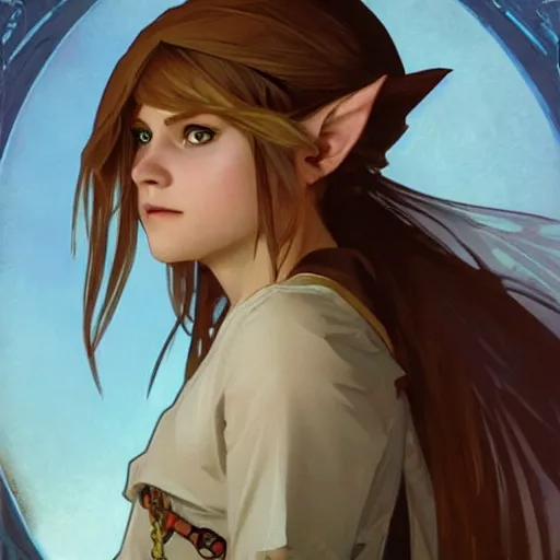 Prompt: Stunning portrait of a young slightly feminin Link from the Legend of the Zelda. Art by Greg Rutkowski and Alphonse Mucha