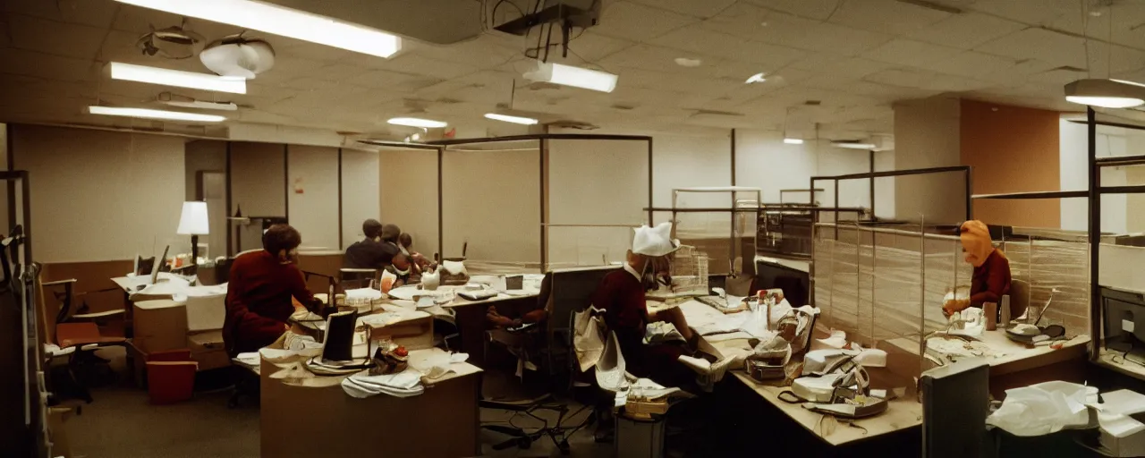 Image similar to security cam photo of a worker eating spaghetti!! alone at their cubicle, evening, kodachrome, in the style of wes anderson, retro