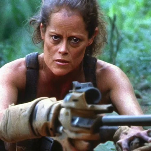 Image similar to film still of a mud - covered sigourney weaver as major dutch holding a flame thrower and hiding behind a rock from the predator in predator 1 9 8 7, hd, 8 k