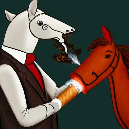 Image similar to an antropomorphic horse wearing a suit smoking a cigar