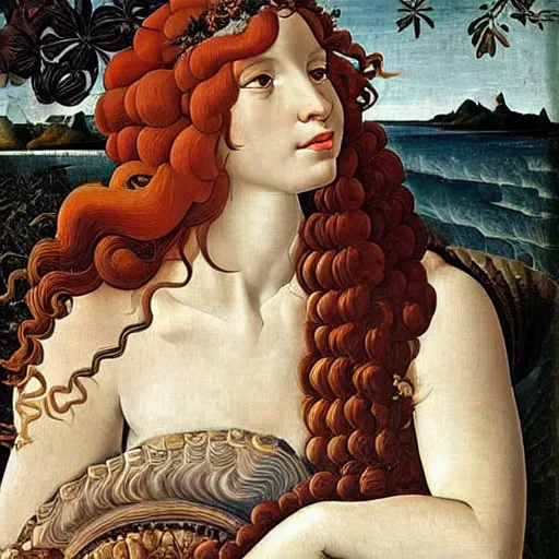 Prompt: an hyperrealistic mythological oil painting of venus with long curly brown hair, full body, wearing floral chiton, sleeping in a giant scallop shell near the seashore, intricate, elegant, renaissance style, by sandro botticelli -