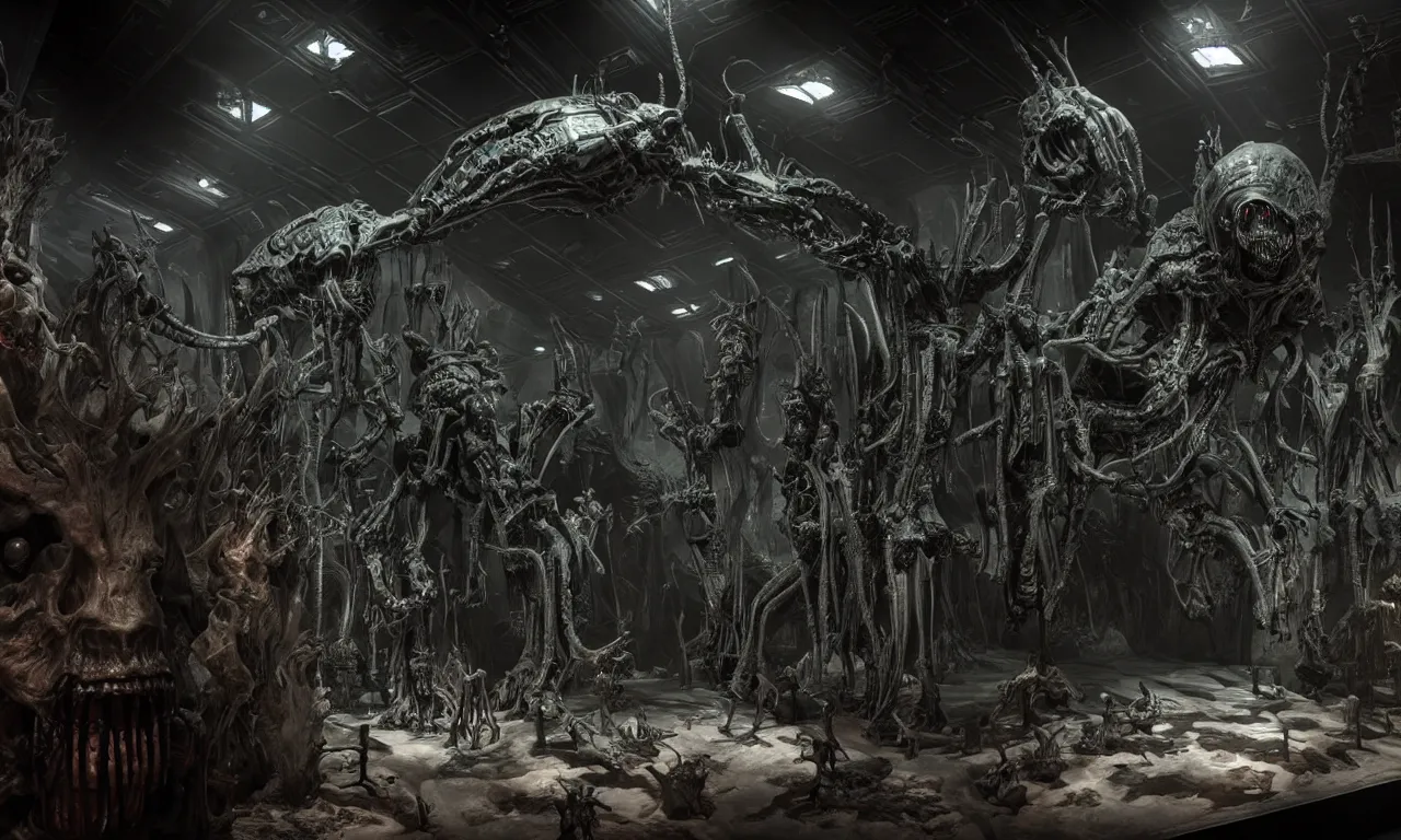 Prompt: dark exhibition hall of a darkpunk museum full of glass showcases with incredibly detailed dioramas of aliens and spaceships, fused into epoxide, high detail, shading unreal engine 5, new movie from digital domain and weta digital