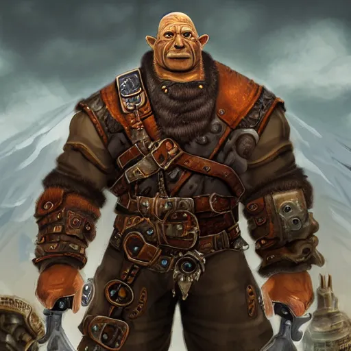 Image similar to portrait of a muscular, bald orc mechanic, wearing a heavy brown leather coat, wielding a wrench, steampunk setting, gears, airship, Warcraft character, dramatic lighting, high detail, digital art