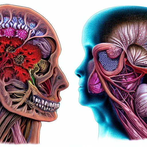 Image similar to a beautiful detailed photo of a two sides rotten woman corpse morphing into fractal plants and fractal flowers and mushrooms, muscles, veins, anatomical, intricate, ornate, volumetric light, beautiful lit, romero ressendi