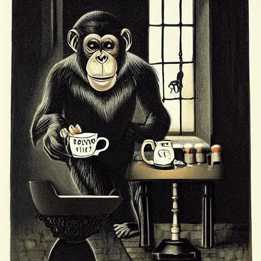 Image similar to Gothic painting of a chimpanzee serving coffee as a barista, in a night-time old-fashioned New York Cafe, candlelight, full shot,