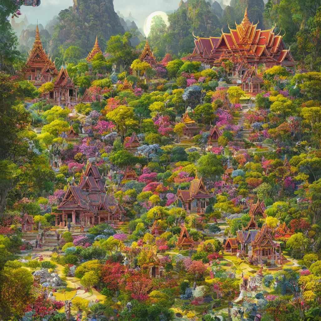 Image similar to summer morning, thai temple, rolling mountain, very coherent and colorful high contrast, art by gediminas pranckevicius, geof darrow, franz sedlacek, dark shadows, hard lighting, flowers garden