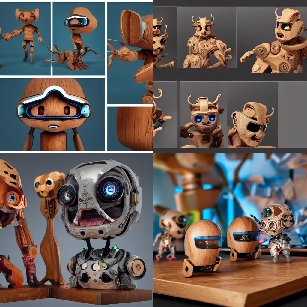 Image similar to ultra realistic 8k octa photo, wooden art toys on base , cute cyber gods , hyperdetailed, concept art