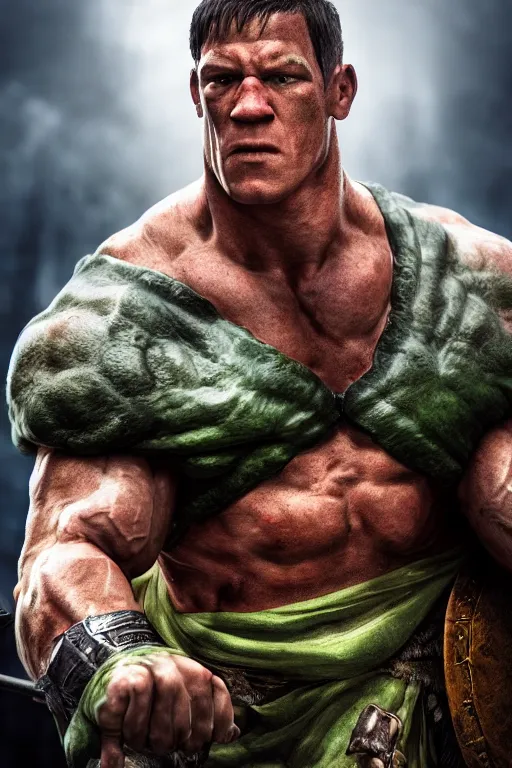 Prompt: upper body portrait of a heavily armoured hulking herculean chiseled john cena as a fantasy barbarian pirate, clothed in silk, sunrays, cinematic lighting, photorealistic, octane render, 8 k, depth of field, 3 d by titian