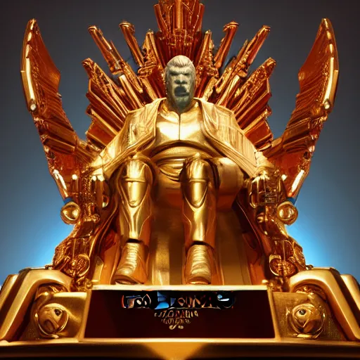 Image similar to God Emperor of the Galaxy sits upon his resplendent throne, highly detailed, sharp focus, artstation, volumetric lighting, cinematic, award winning