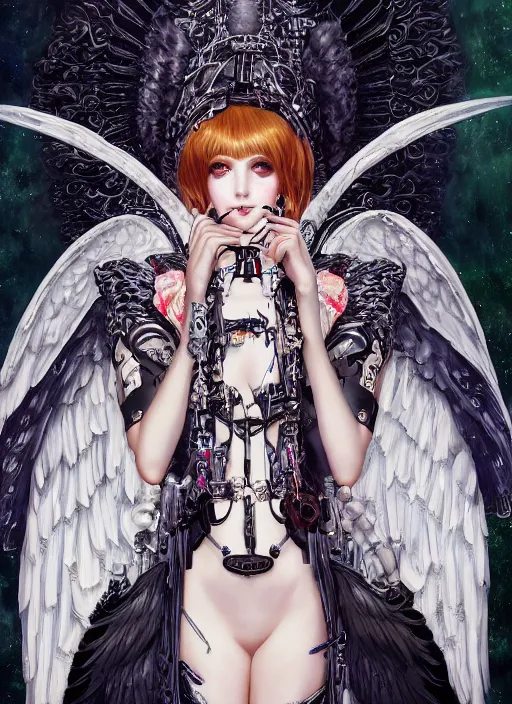 Prompt: portrait of cute beautiful young goth angel maiden with mechanical wings, cyberpunk, Warhammer 40000, gothic, highly detailed, artstation, illustration, art by Gustav Klimt and Range Murata