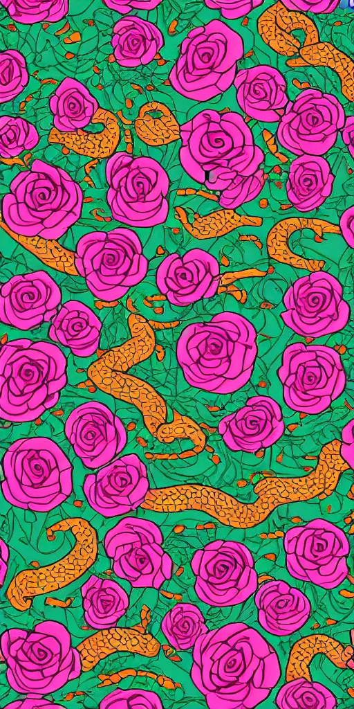 Image similar to seamless pattern of skulls roses and snakes, colourful, symmetrical, repeating 35mm photography