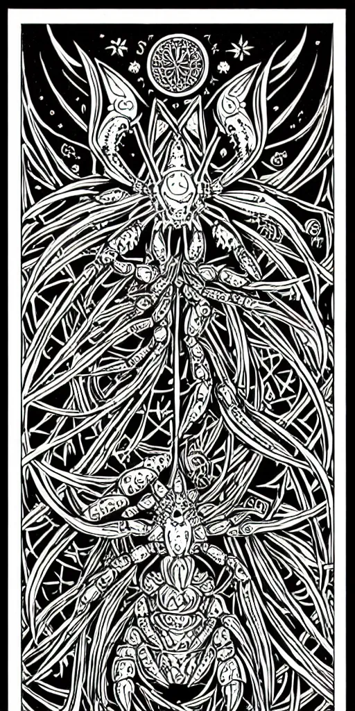 Image similar to a beautiful black and white fractal tarot card featuring bold occult imagery with clean lines. crab demon. detailed adult coloring book