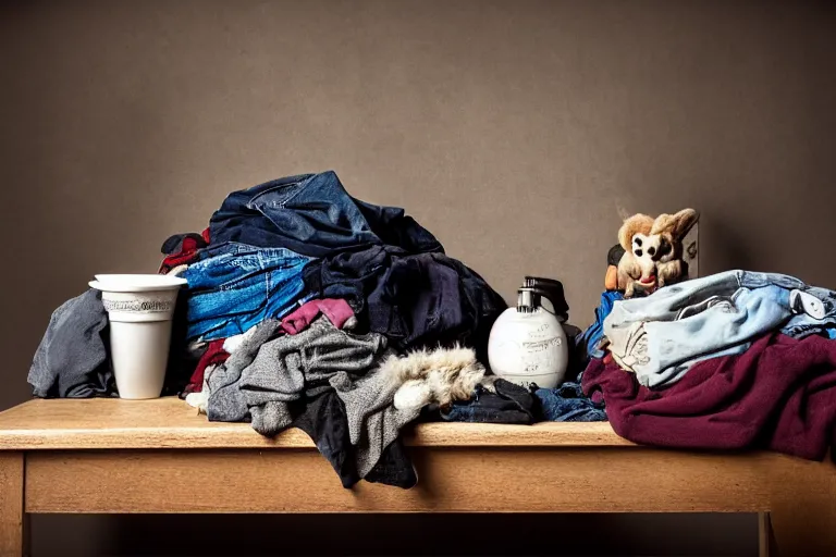 Prompt: still life with a bunch of dirty clothes, by peter class, memento mori, vanitas, furry, symmetry, cinematic, elegant, luxury, professional studio light, perfect composition, dlsr photography, full frame, hasselblad x 1 d sharp focus, 8 k, ultra hd, sense of awe, highly detailed, hyper realistic, intricate, fine arts journal cover