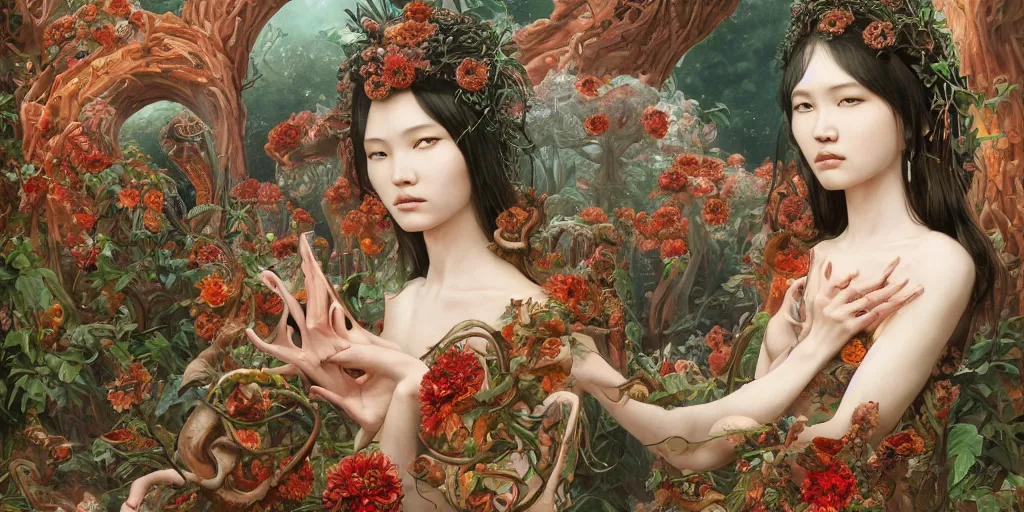 Image similar to breathtaking detailed concept art painting of the goddess of rafflesia arnoldii flowers, orthodox saint, with anxious, piercing eyes, ornate background, amalgamation of leaves and flowers, by Hsiao-Ron Cheng, James jean, Miho Hirano, Hayao Miyazaki, extremely moody lighting, 8K