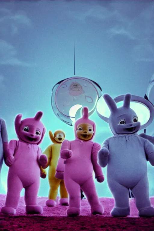 Image similar to Teletubbies gathered in a circle and evoke Satan, VHS effect, old tube TV screen, realistic materials, attention to detail, detailed depth of field, high-quality composition