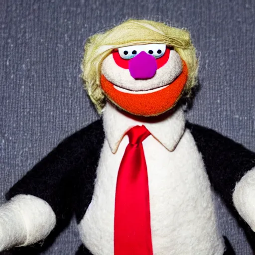 Image similar to close up of donald trump muppet, puppet, wool, dslr photo