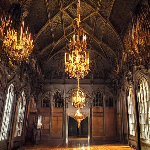 Prompt: large gothic hall with large chandeliers under the ceiling, horror movie, moonlight, elephant in the room