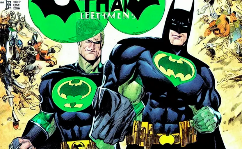 Image similar to a Batman comic cover from 1999 with Green Lantern on the background