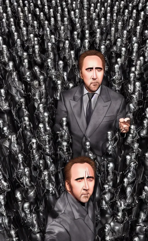 Prompt: nicolas cage surrounded by Oscar statues. Cinematic, hyper realism, realistic proportions, dramatic lighting, high detail 4k.