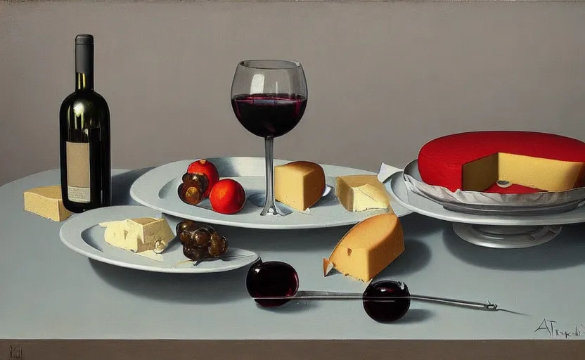 Image similar to an achingly beautiful still life featuring tillamook cheese, and red wine and an old computer by Raphael, Hopper, and Rene Magritte. detailed, romantic, enchanting, trending on artstation.