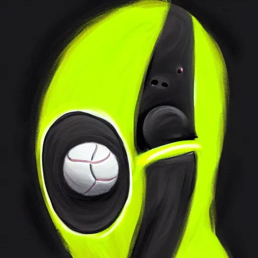 Image similar to a tennis ball monster with a tennis racquet, bust shot, balaclava, face covered, smooth, intricate, elegant, power aura, digital painting, artstation, concept art, sharp focus, illustration, art by basil gogos - h 6 4 0