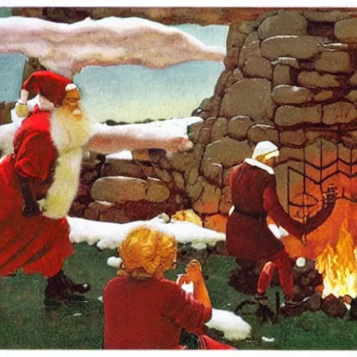 Prompt: illustration: vogue designer Santa Claus Sacrificing the Elves to a Volcano God Altar giorgio de chirico marc simonetti norman rockwell postcard stamp