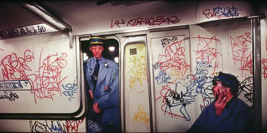 Image similar to new york subway cabin 1 9 8 0 s inside all in graffiti, policeman closeup, coloured film photography, christopher morris photography, bruce davidson photography