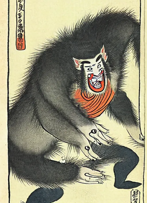 Prompt: the wolfman as a yokai illustrated by kawanabe kyosai and toriyama sekien