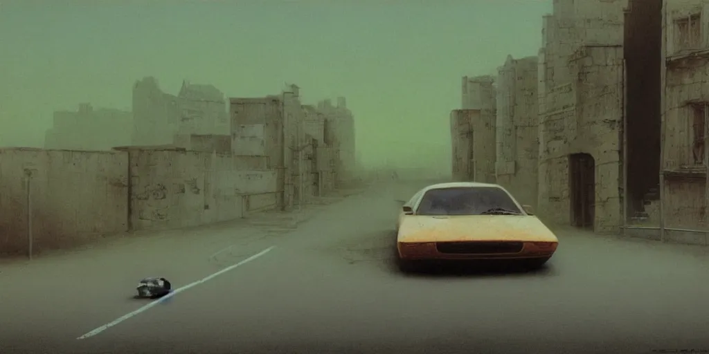 Image similar to car in full speed in a empty street, mad max kieth thomsen, zdzislaw beksinski