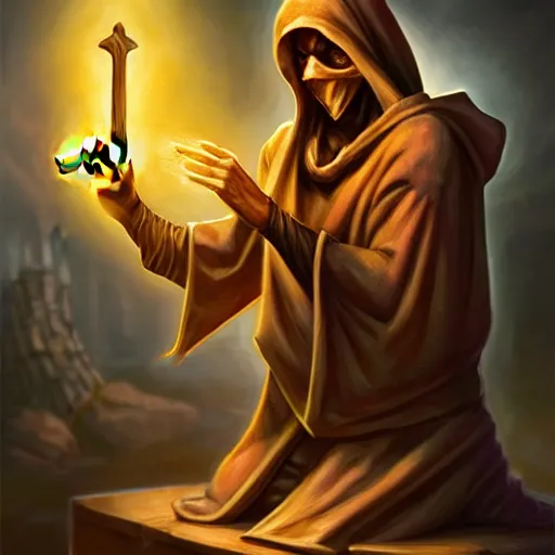 Prompt: a hooded cultist is stabbing a banana placed on an altar, in front of a stone statue of a forgotten god, by patrick mcenvoy and michael komarck and fantasy flight, incredible quality, trending on artstation