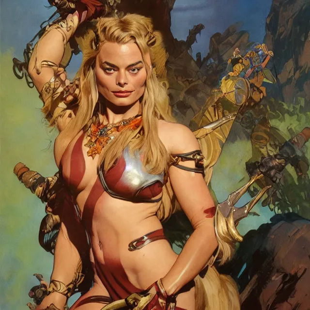 Image similar to an aesthetic!, detailed portrait of margot robbie dressed as a barbarian for marvel studios, action movie still, by frank frazetta and alphonse mucha, oil on canvas, bright colors, art nouveau, epic composition, dungeons & dragons, fantasy art, hd, god rays, ray tracing, crisp contour lines, huhd - 8 k